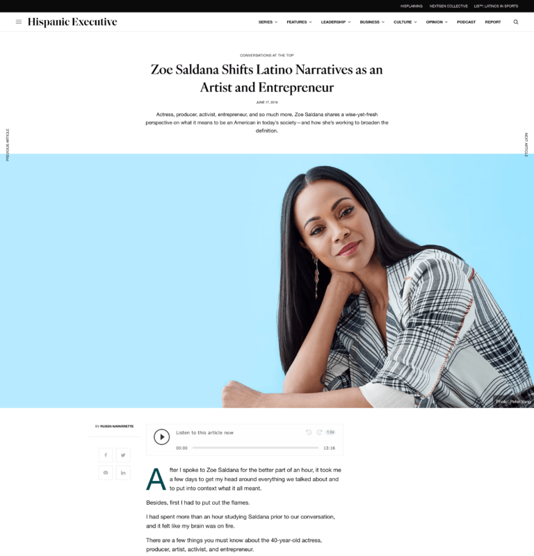 Article about Zoe Saldana from Hispanic Exectutive