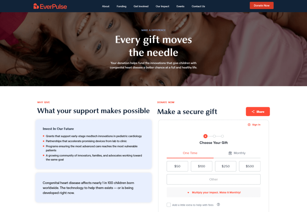 Landing page for donations from the EverPulse website